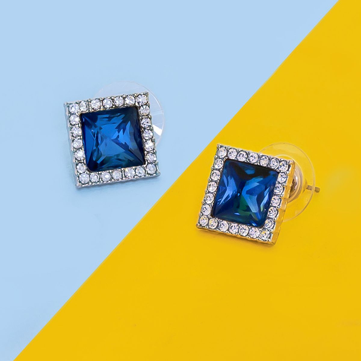 Rhombus Aaa Crystal American Diamond Border Blue Rhodium Brass Stud Earring