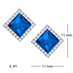 Rhombus Aaa Crystal American Diamond Border Blue Rhodium Brass Stud Earring