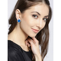 Rhombus Aaa Crystal American Diamond Border Blue Rhodium Brass Stud Earring