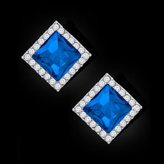 Rhombus Aaa Crystal American Diamond Border Blue Rhodium Brass Stud Earring