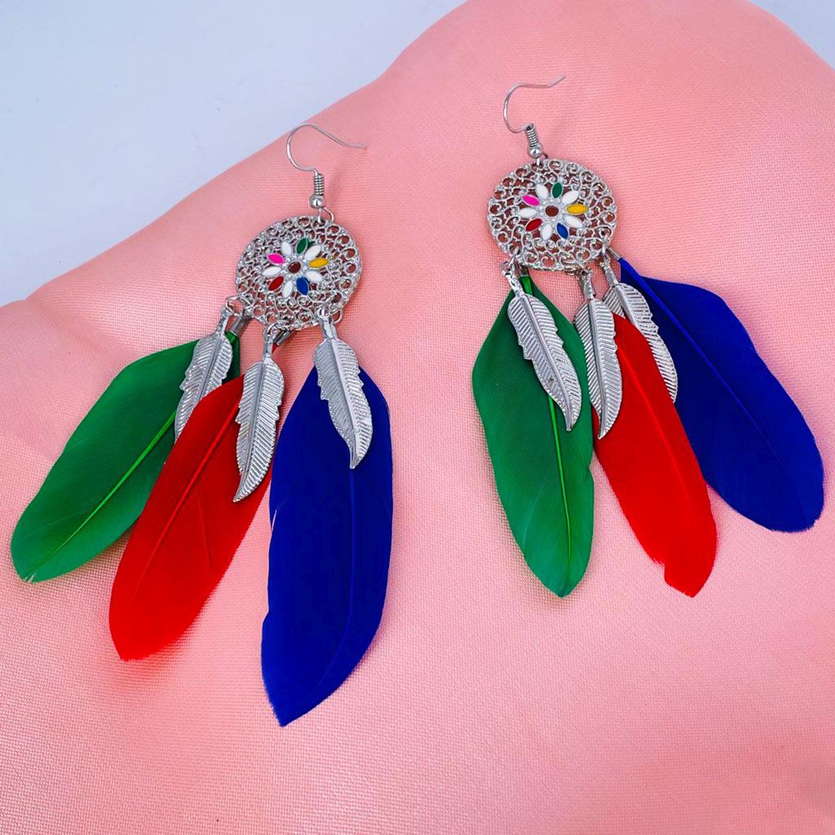 Feather Leaf Filigree Multicolor Enamel Hanging Dangle Earring