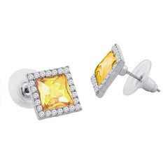 Rhombus Aaa Crystal American Diamond Border Blue Rhodium Brass Stud Earring