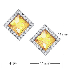 Rhombus Aaa Crystal American Diamond Border Blue Rhodium Brass Stud Earring