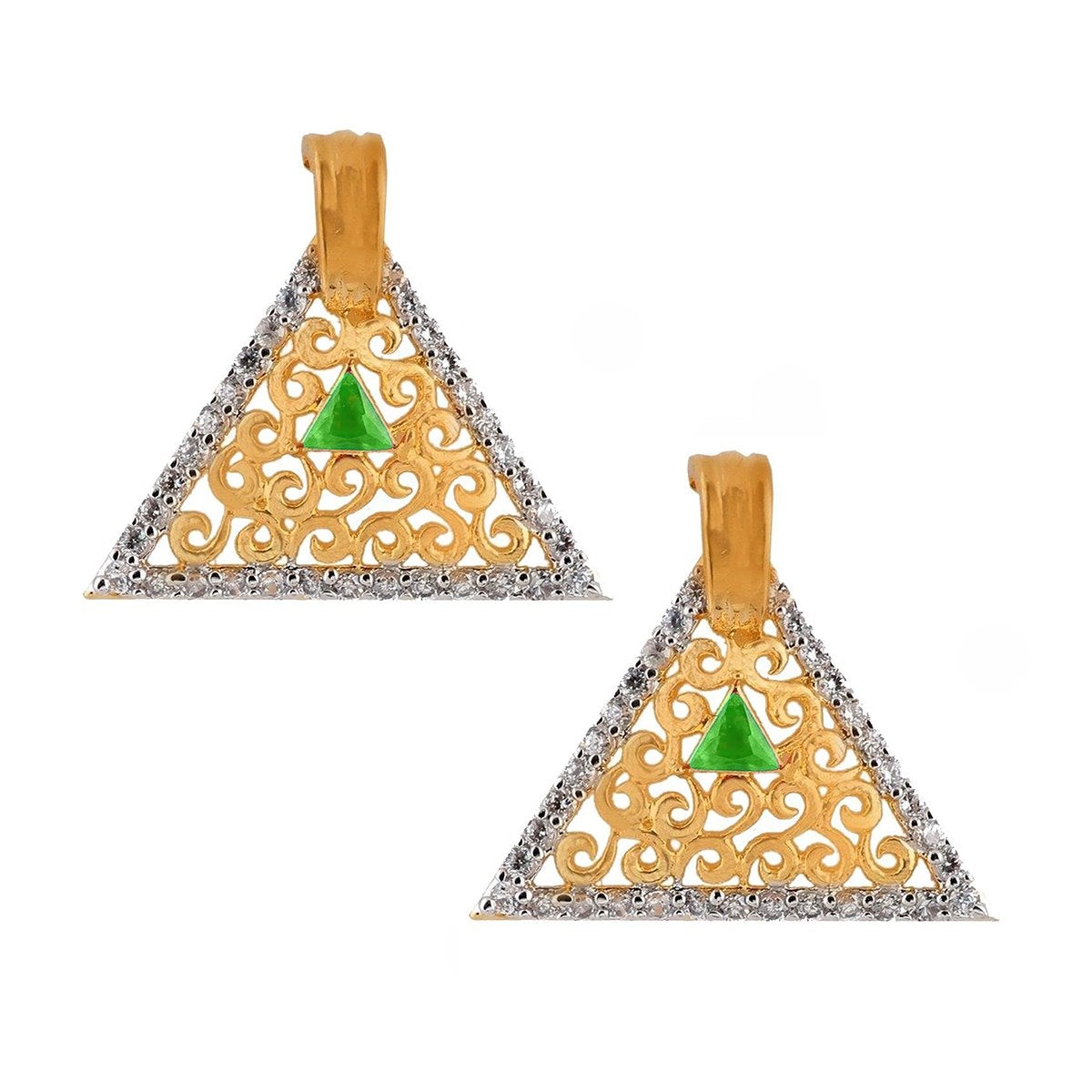 Triangle Gold Filigree American Diamond Crystal Green Stud Earring