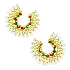 Filigree 18K Gold Red Green Meenakari Pearl Chand Bali Stud Earring