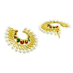 Filigree 18K Gold Red Green Meenakari Pearl Chand Bali Stud Earring