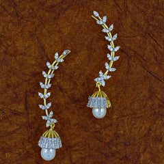 Stylish Floral Pearl American Diamond Cz Earr Cuf 18K Gold Earring