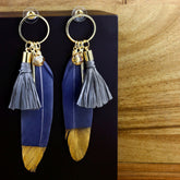 Stylish Trendy Young Grey Gold Long Tassel Feather Earring For Women