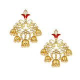Flower Leaf Design 18K Gold Red Enamel Pearl Filigree Jhumki Dangle Earring