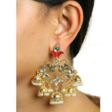 Flower Leaf Design 18K Gold Red Enamel Pearl Filigree Jhumki Dangle Earring