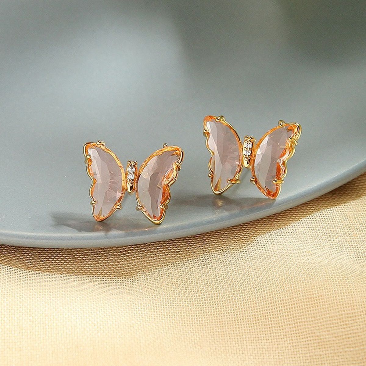 Butterfly Gold Pink Crystal Stud Earring Pair Women
