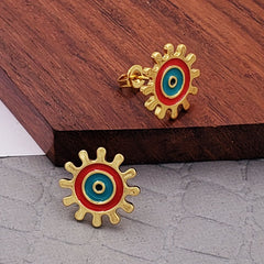 Sun Evil Eye Black Green Gold Copper Enamel Stud Earring Pair For Women