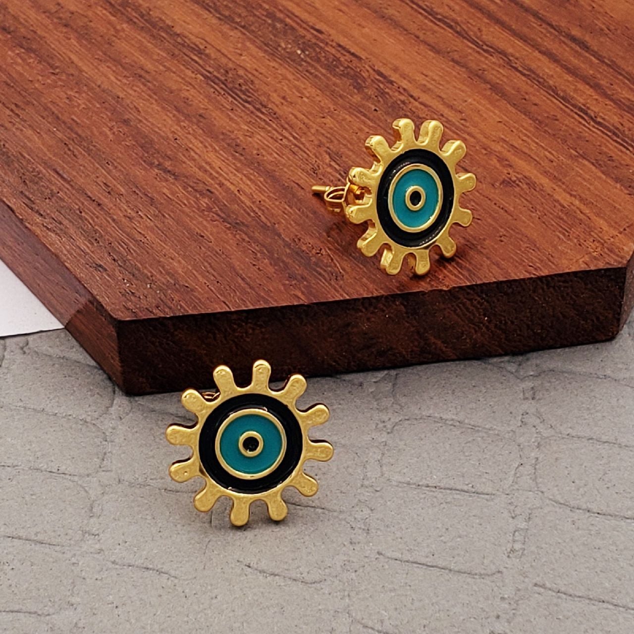 Sun Evil Eye Black Green Gold Copper Enamel Stud Earring Pair For Women