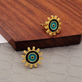 Sun Evil Eye Black Green Gold Copper Enamel Stud Earring Pair For Women