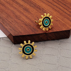 Sun Evil Eye Black Green Gold Copper Enamel Stud Earring Pair For Women