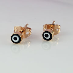 Tiny Evil Eye Gold Black Copper Enamel Stud Earring Pair Women