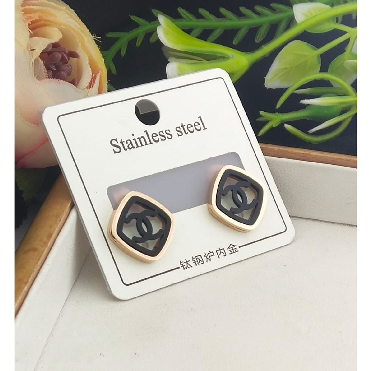 Stainless Steel Rose Gold Black Luxury Stud Earring Pair Women