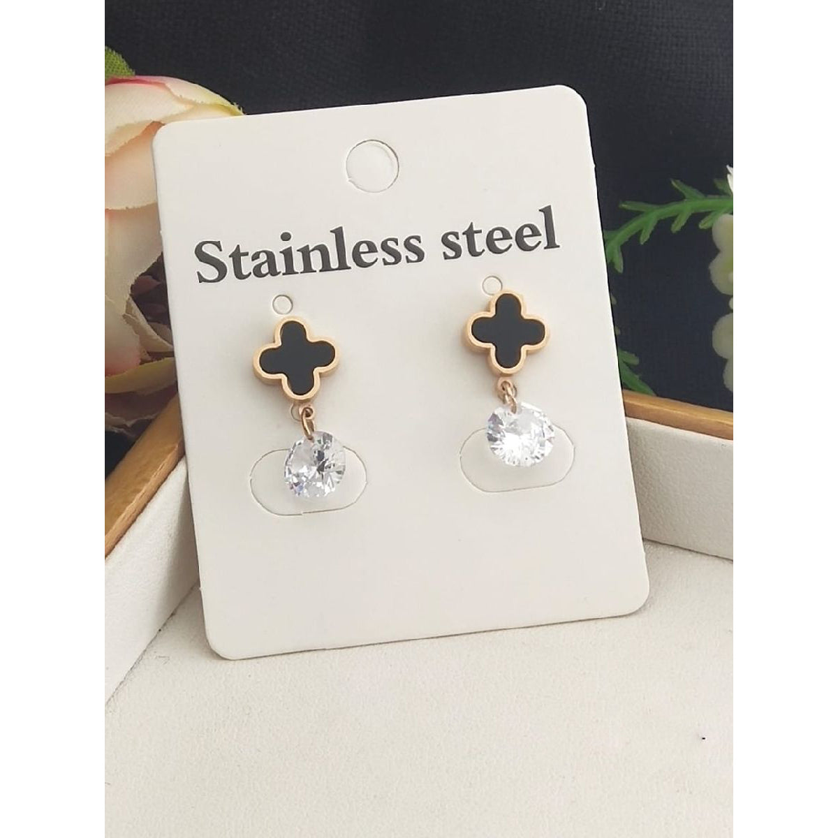 Stainless Steel Black Clover Cubic Zirconia Drop Earring Pair