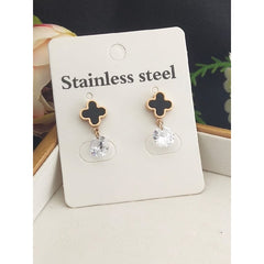 Stainless Steel Black Clover Cubic Zirconia Drop Earring Pair