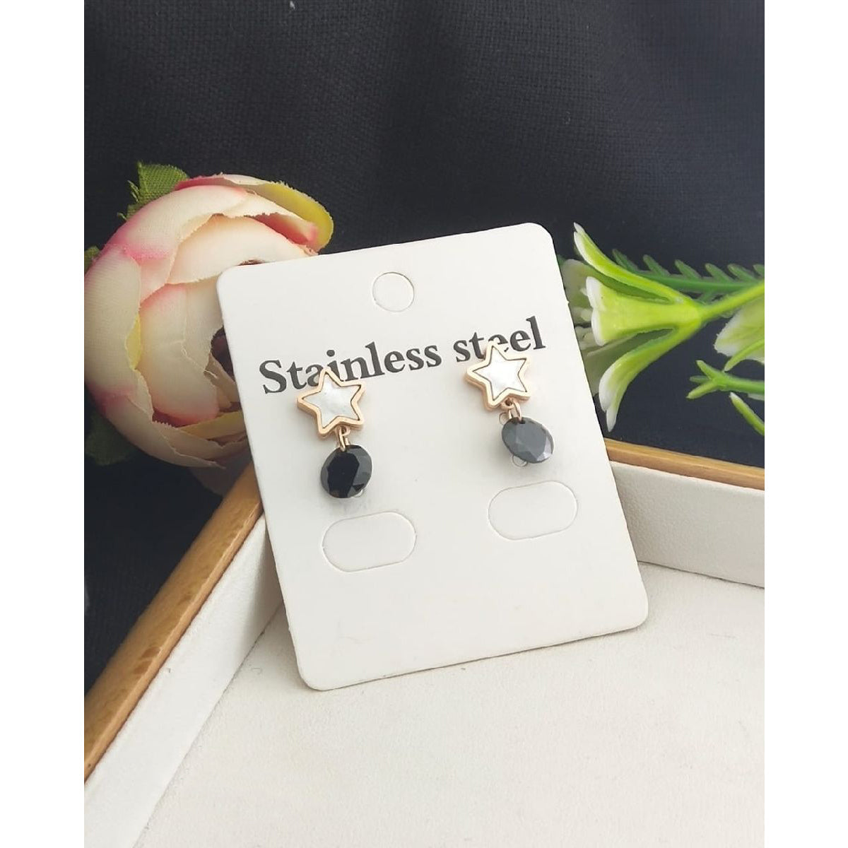 Stainless Steel Rose Gold Black Star Crystal Drop Earring Pair Women