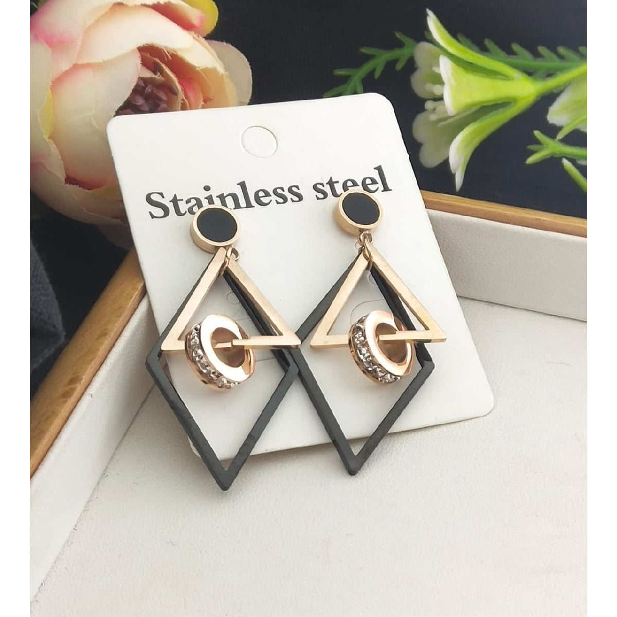 Stainless Steel Rose Gold Triangle Cubic Zirconia Dangler Earring Pair