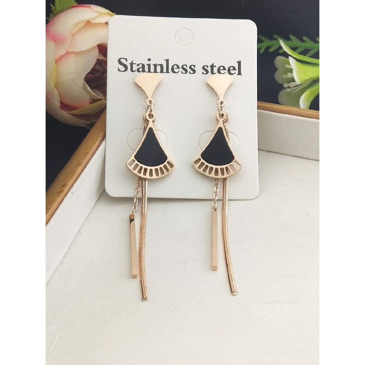 Stainless Steel Rose Gold Chain Enamel Tassel Tassel Earring Pair