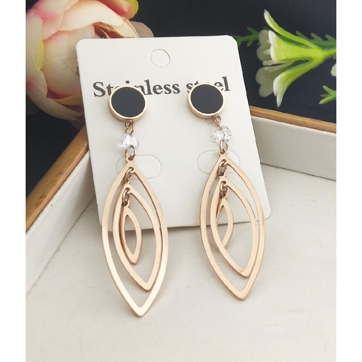 Stainless Steel Rose Gold Oval Cubic Zirconia Dangler Earring Pair