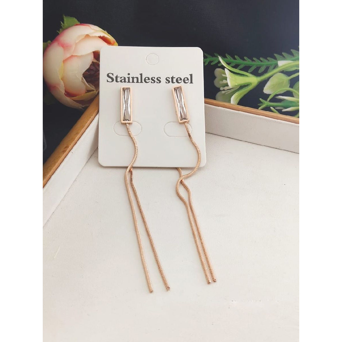 Stainless Steel Rose Gold Chain Crystal Tassel Earring Pair Women