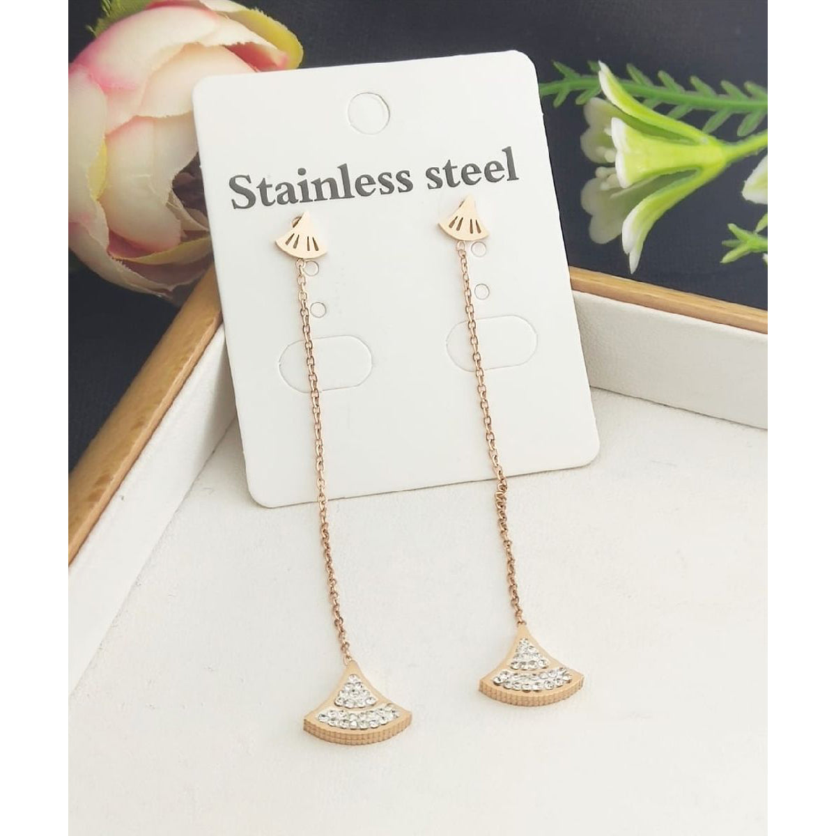 Stainless Steel Rose Gold Chain Cubic Zirconia Tassel Earring Pair