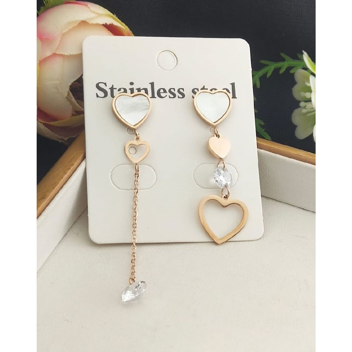Stainless Steel Rose Gold Heart Cubic Zirconia Tassel Earring Pair