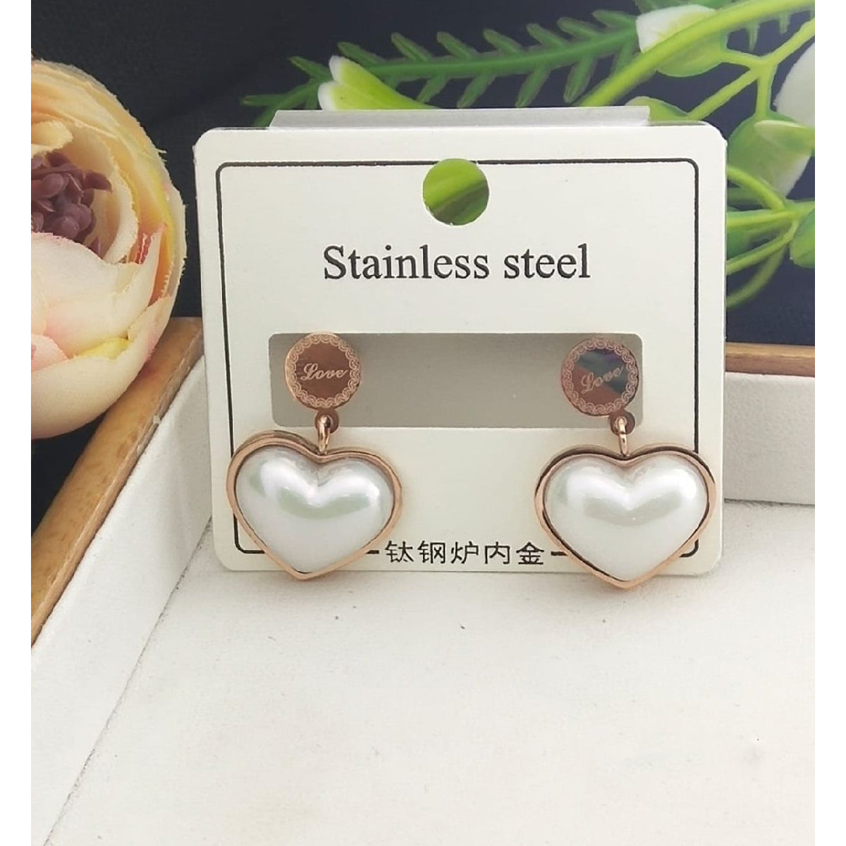 Stainless Steel Rose Gold Heart Pearl Drop Earring Pair Women