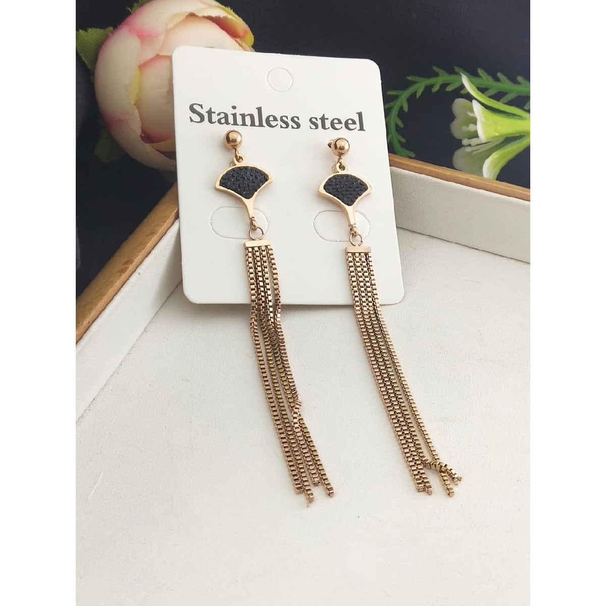 Stainless Steel Rose Gold Chain Crystal Tassel Earring Pair Women