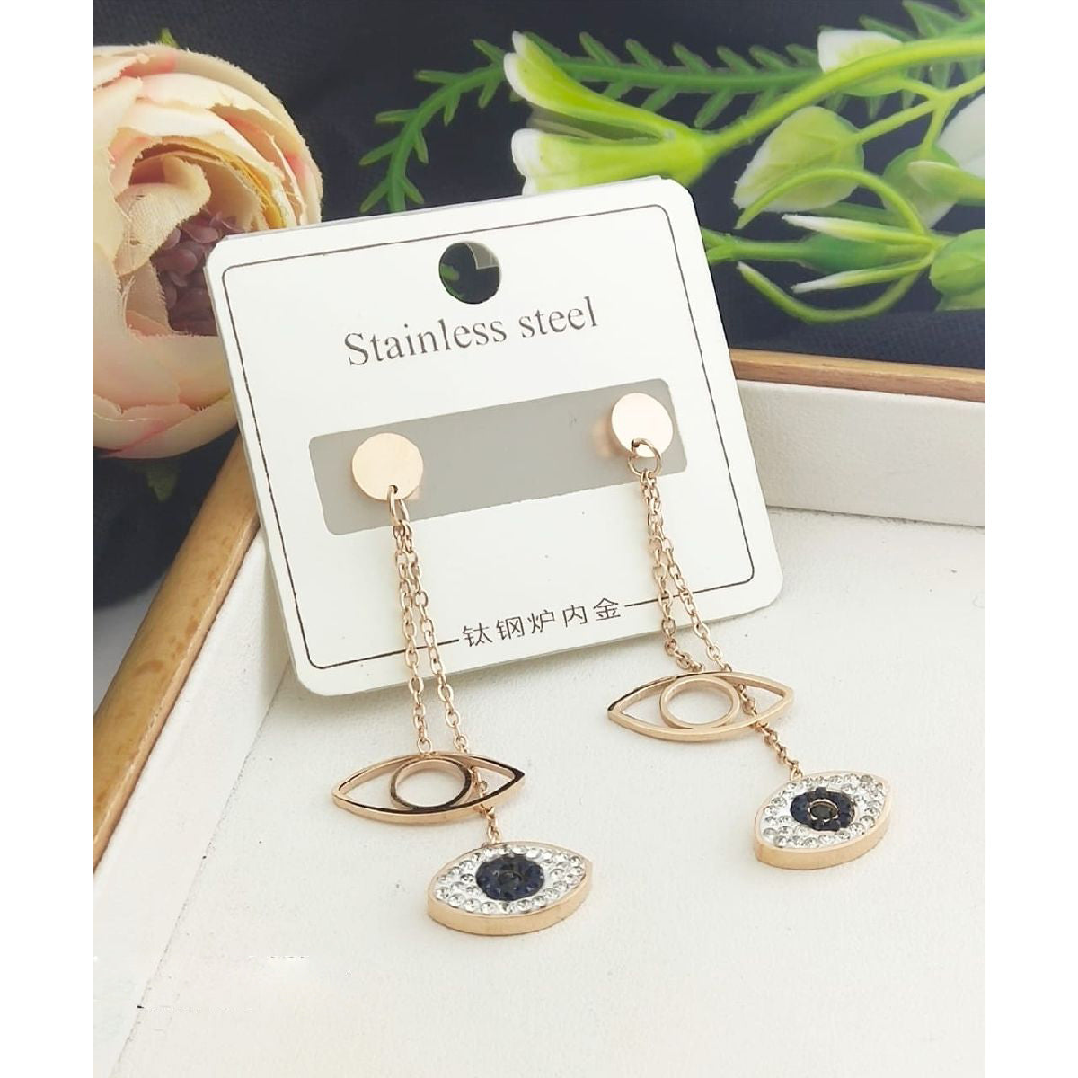 Stainless Steel Rose Gold Evil Eye Cubic Zirconia Tassel Earring Pair