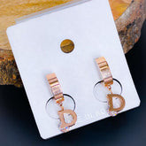 Letter D Cubic Zirconia Rose Gold Stainless Steel Hoop Drop Earring for Women