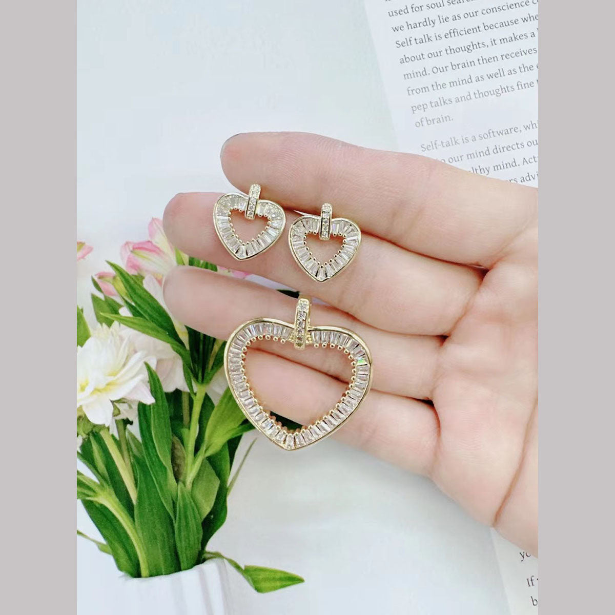 Love Heart Baguette Cubic Zirconia 18K Gold Stud Earring for Women