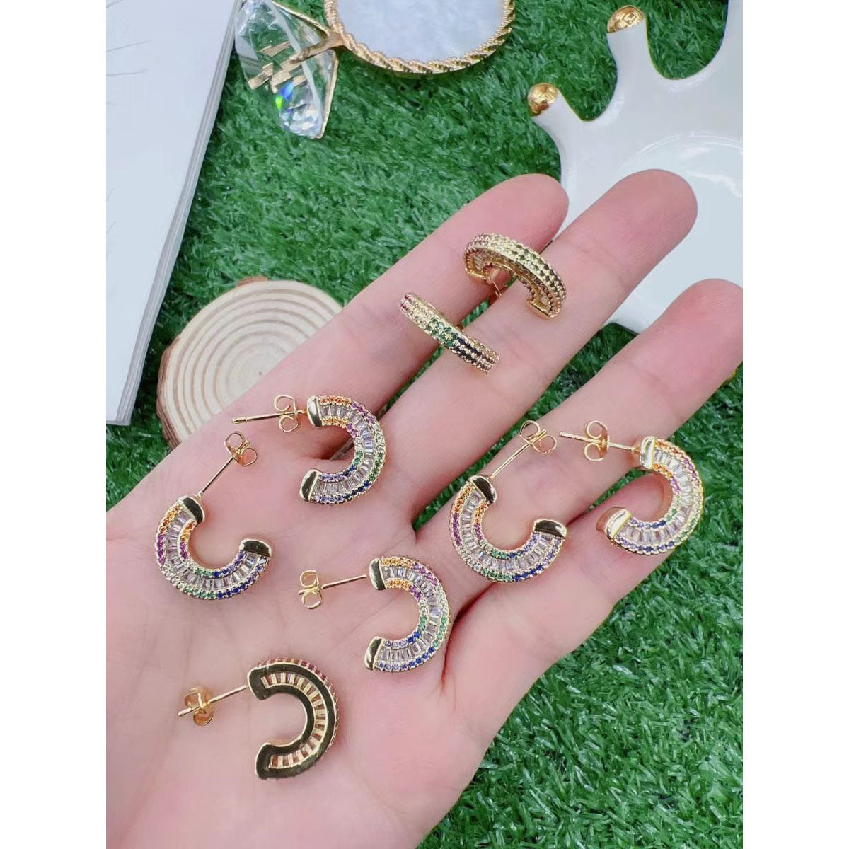 Semi Circle Rainbow Multi Color Baguette Cubic Zirconia 18K Gold Stud Earring for Women