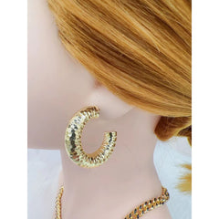 Honeycomb Beaten Glossy 18K Gold Hoop Earring for Women