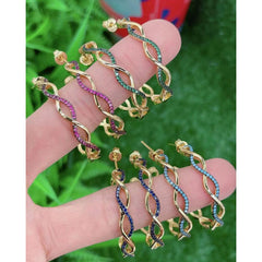 Twisted Wavy Curly Blue Cubic Zirconia 18K Gold Hoop Earring for Women