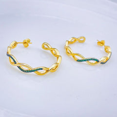 Twisted Wavy Curly Blue Cubic Zirconia 18K Gold Hoop Earring for Women
