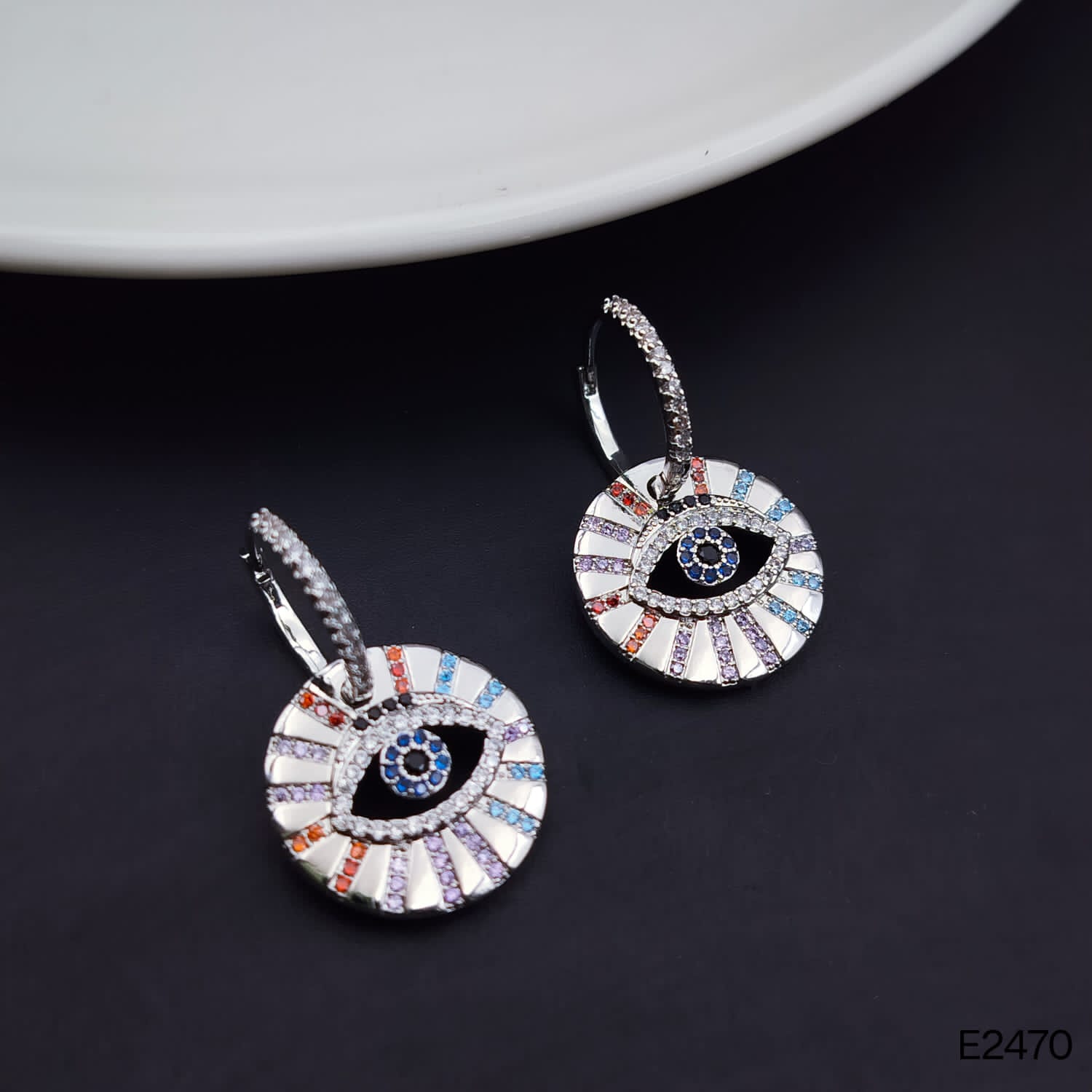 Evil Eye Multi Color Silver Dangling Hoop Earring For Women