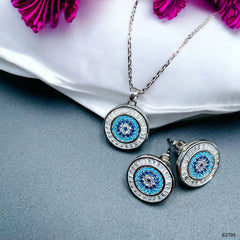 Evil Eye Baguette Silver Anti Tarnish Pendant Chain Earring Set For Women