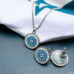 Evil Eye Baguette Silver Anti Tarnish Pendant Chain Earring Set For Women