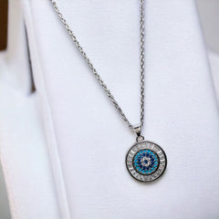 Evil Eye Baguette Silver Anti Tarnish Pendant Chain Earring Set For Women