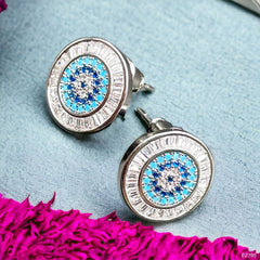 Evil Eye Baguette Silver Anti Tarnish Pendant Chain Earring Set For Women