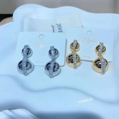 Baguette CZ Double Glossy Ball Gold Anti Tarnish Dangling Earring