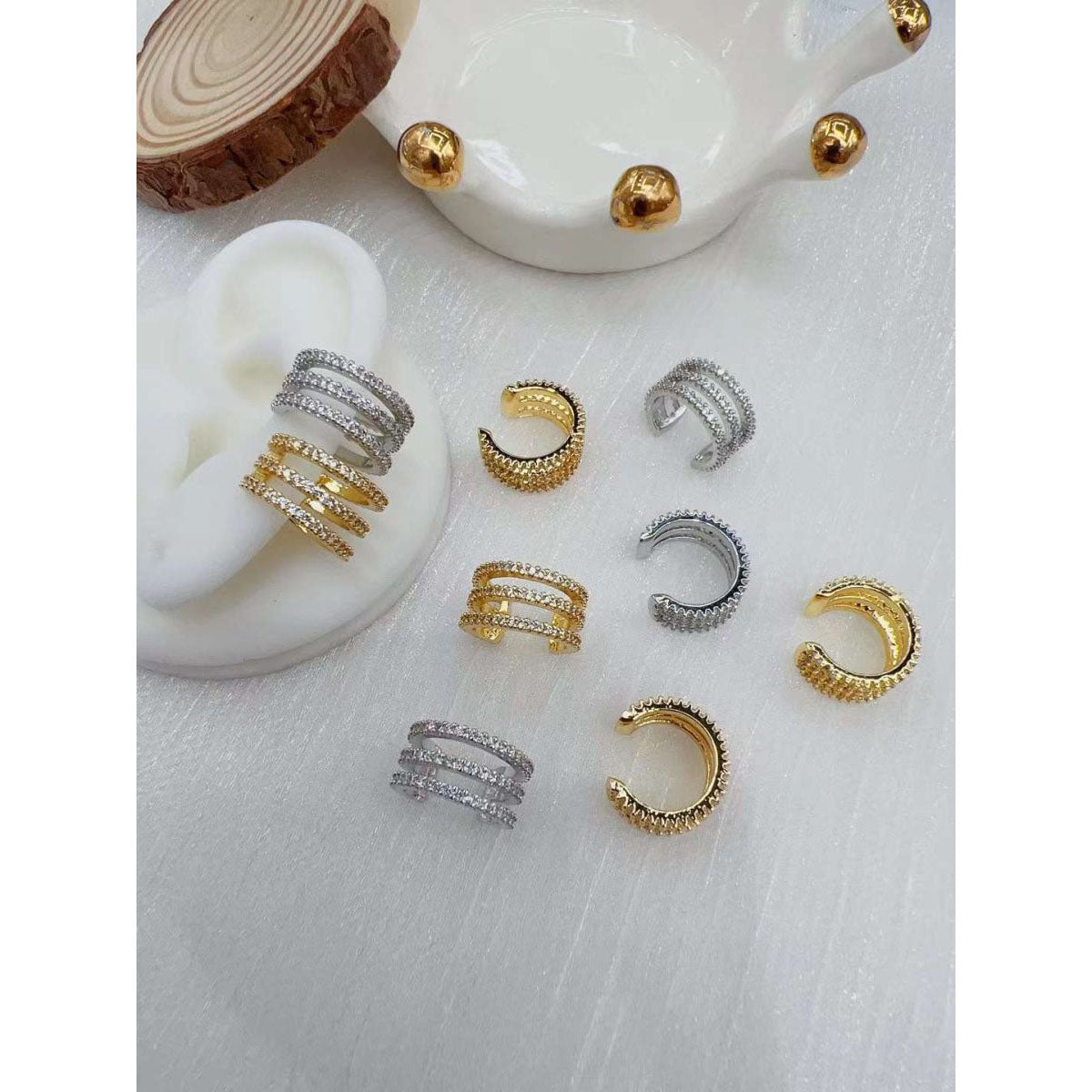 Triple Line Clip-On Non Piercing Cubic Zirconia 18K Gold Anti Tarnish Earring Pair for Women