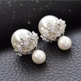 Double Side Pearl Cubic Zirconia Anti Tarnish Silver Stud Earring