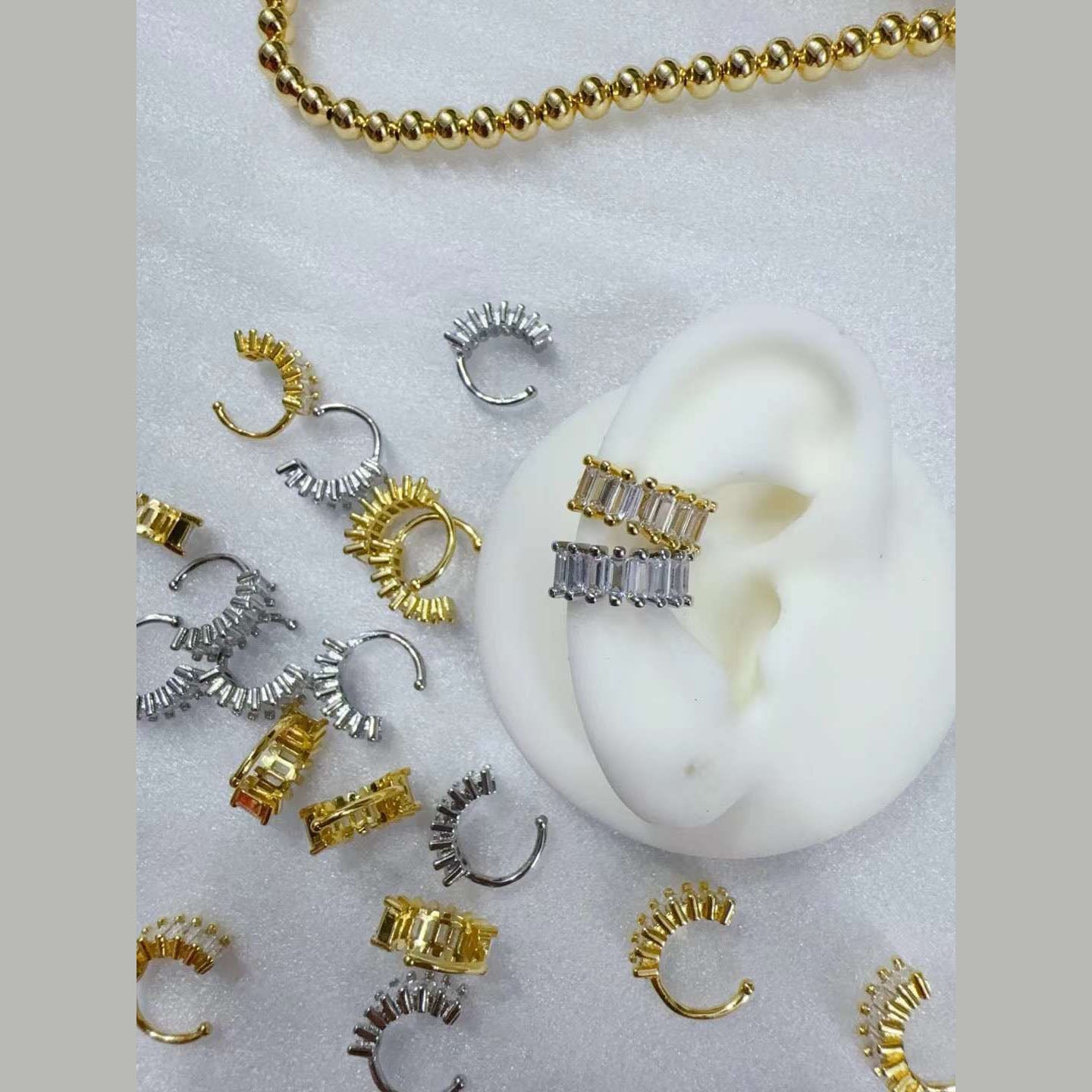 Baguette Cut Cubic Zirconia 18K Gold Anti Tarnish Stud Clip-On Ear Cuff Conch Earring Pair For Women