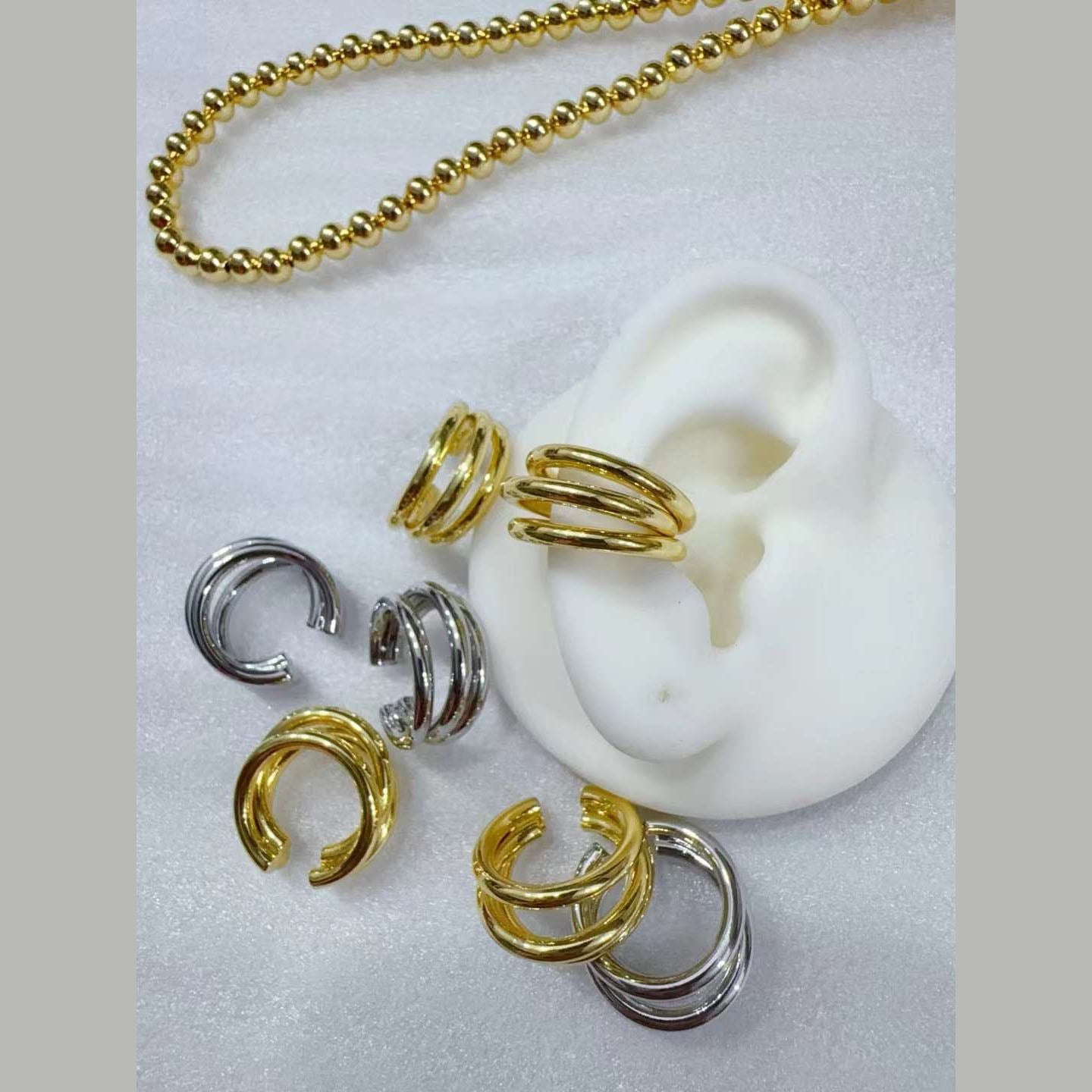 Three Layer 18K Gold Anti Tarnish Stud Clip-On Ear Cuff Conch Earring Pair For Women