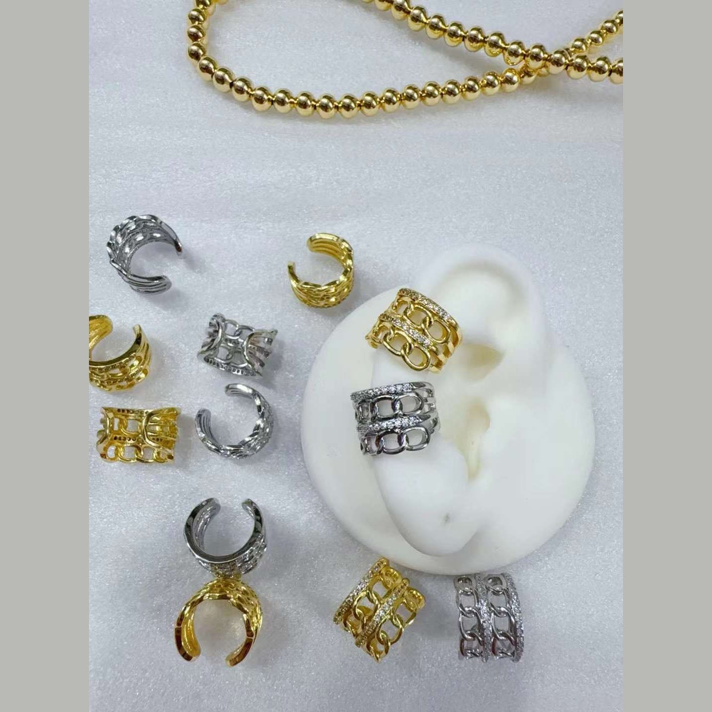 Chain Layer Cubic Zirconia 18K Gold Anti Tarnish Stud Clip-On Ear Cuff Conch Earring Pair For Women